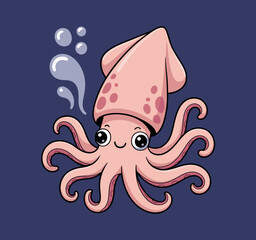 A whimsical, cute cartoon octopus with a friendly smile and bubbles around it, perfect for children's illustrations or designs portraying fun and adventurous sea life.
