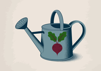 This image features a vintage watering can adorned with a beet leaf design, symbolizing gardening and the joy of nurturing plants and vegetables at home.