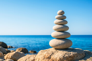 Fototapeta premium High-resolution photo of smooth stones stacked in perfect balance on a rocky beach with a calm blue ocean and clear sky. A peaceful representation of mental clarity, emotional balance