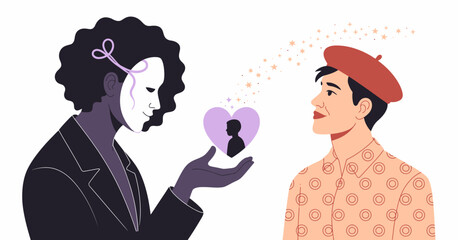 An artistic figure portrays love and connection by holding a heart-shaped element, focusing on the essence of emotional bonds and human relationships in a creative manner.