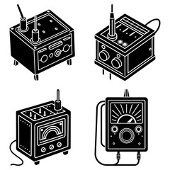 Illustration of four vintage electrical measurement devices with knobs and gauges in black and white