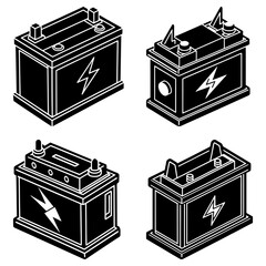 Four black and white isometric illustrations of car batteries with lightning bolt symbols on the side