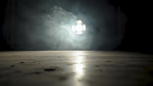 Low Angle Shot of Smoke Filled Dark Room with a Bright Light Source Creating a Mysterious Atmosphere
