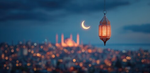 Obraz premium A crescent moon hangs above a city skyline, with a lantern glowing softly
