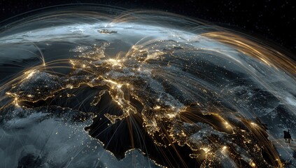 European continent, Earth, global network, aerial view, illuminated cities, connecting lines