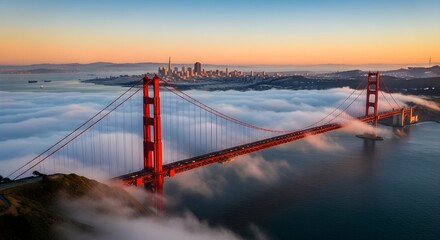 Fototapeta premium Golden Gate Bridge: Aerial View Sunrise Foggy San Francisco