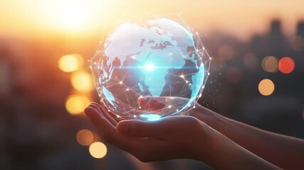 Holding Digital Globe in Hands at Sunset Futuristic Technology Concept - Powered by Adobe
