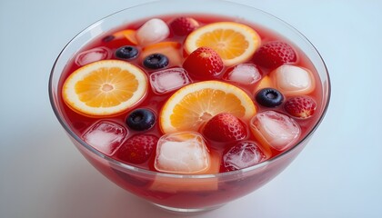 Fruit punch in a wide glass bowl with floating fruit slices and ice cubes