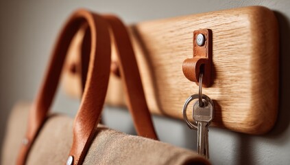 Wooden wall hook with leather straps and keys