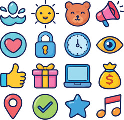 "Colorful Hand-Drawn Icon Set Featuring Sun, Heart, Lock, Thumbs Up, Laptop, Money Bag, Star, Music Note, Bear, Eye, Clock, and More for Digital Design, Social Media, Marketing, Communication, and Web