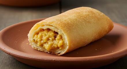 Flat lay of misro with one piece bitten into, revealing melted gula merah, dark backdrop, food textures enhanced.