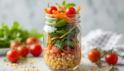 Layered salad in a mason jar-style glass – carrots, spinach, corn, and cherry tomatoes