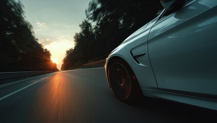 Fototapeta premium A sleek vehicle speeds down a sun-drenched highway, capturing the thrill of the open road and the promise of adventure at sunset.