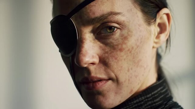 Close-up portrait of a woman with a noticeable eye patch and skin blemishes