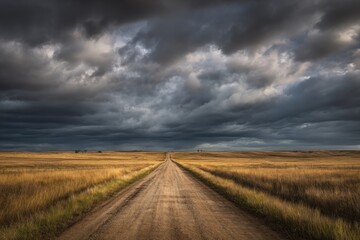 A dirt road stretches into a vast, golden prairie under a dramatic sky filled with dark, brooding clouds
