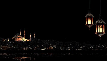 Obraz premium Night cityscape with mosque and lanterns
