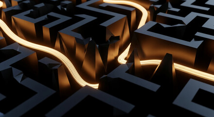 Abstract image of a glowing path through a dark maze, showcasing a concept of finding a solution or navigating complexity, ideal for technology or problem-solving themes