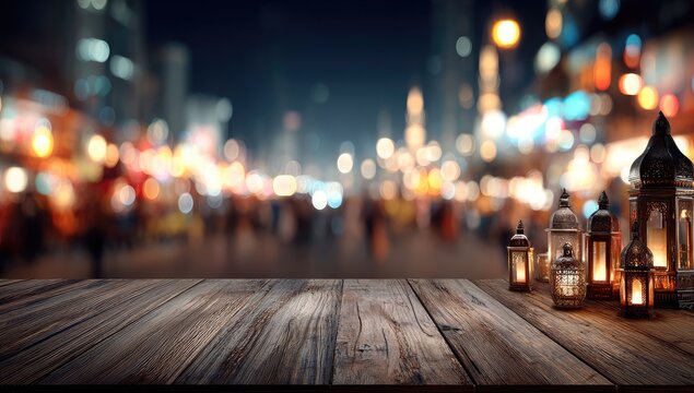 Wooden tabletop at night, illuminated by lanterns, with a blurred city street background