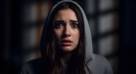 Fototapeta premium Young Woman with a Scared or Shocked Expression Looking at Camera – Concept of Fear, Anxiety, Mental Health, or Disturbing News