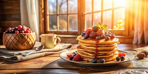 Naklejka premium Delicious Pancakes with Fresh Berries on a Rustic Wooden Table, bathed in golden sunlight streaming through a window