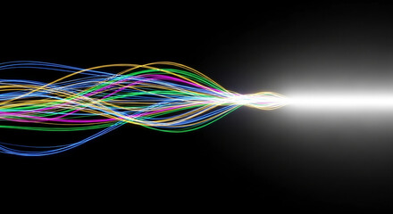 Abstract image of colorful wavy lines converging into bright light, suggesting energy, connection, or data flow, ideal for technology or futuristic concepts