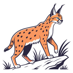 Fototapeta premium Stylized lynx walking on a rock with grass