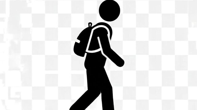 A simple stick figure illustration of a person walking with a backpack representing travel and adventure 4k video