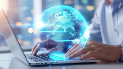 Professional working on laptop with glowing digital globe overlay representing global connectivity and data - Powered by Adobe