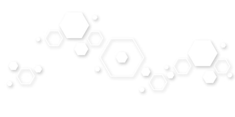Futuristic abstract background with floating white hexagons and soft drop shadows on a clean white surface, creating a modern, minimalistic tech or science-inspired 3D visual design.
