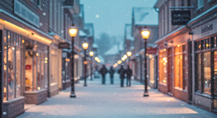 Snowy Street Scene with Warm Shop Lights in Winter Evening