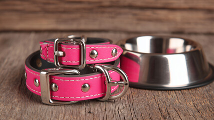 Charming layout with coordinated pink pet items like collars and feeding bowls on warm wood — ideal for social media or catalog design.

