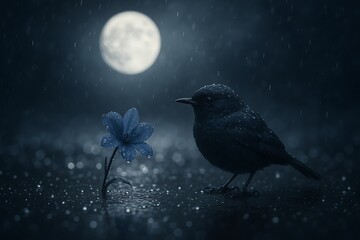 Fototapeta premium Silhouette of small bird beside delicate blue flower in gentle rain under full moonlight evoking solitude peace and emotional night scene in magical atmosphere