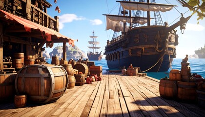 Naklejka premium Pirate harbor scene with wooden dock and ships