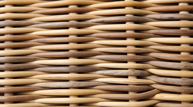 Close up of woven natural rattan texture with light and dark brown strands wicker