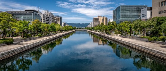 Obraz premium Serene Canal Reflections in Urban Japan