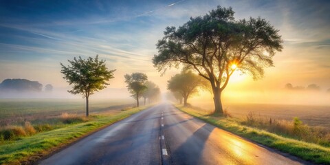 Fototapeta premium Serene Sunrise Road Misty Morning, Aspiring Journey, Peaceful Pathway, Golden Hour Light, Verdant Meadow, Tranquil Landscape