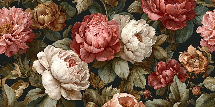A lush vintage floral pattern with pink, red, and white blooms