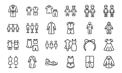 Line Style Baby and Kids Clothing Icons Set – Vector Outfit and Wardrobe Collection for Children, Boys, Girls, and Toddlers