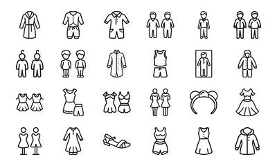 Line Style Baby and Kids Clothing Icons Set – Vector Outfit and Wardrobe Collection for Children, Boys, Girls, and Toddlers