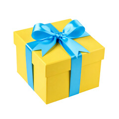 yellow gift box blue bow floating isolated on transparent png