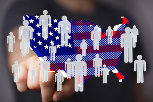 Stock photo of a US map overlaid with icons representing people, symbolizing the American population.
