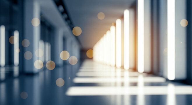  Abstract blurred hallway of modern office with light reflections and bokeh effect