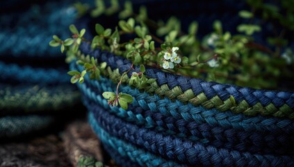 Close-up of woven blue basket with greenery