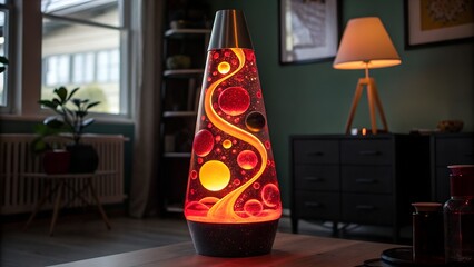 Swirling lava lamp-style fluid art with glowing red and yellow orbs in dark room