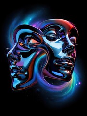Entwined chrome faces, iridescent tears, surrounded by cosmic rainbow swirls and dark matter nightscape