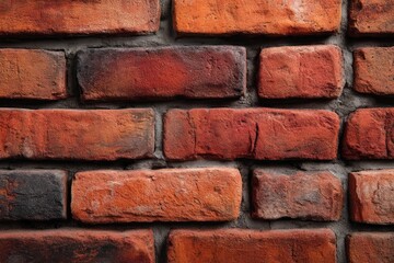 Fototapeta premium Close-up view of a brick wall. Rows of reddish-brown bricks, with mortar, forming a textured surface