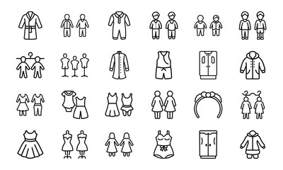 Line Style Baby and Kids Clothing Icons Set – Vector Outfit and Wardrobe Collection for Children, Boys, Girls, and Toddlers