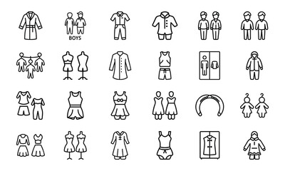Line Style Baby and Kids Clothing Icons Set – Vector Outfit and Wardrobe Collection for Children, Boys, Girls, and Toddlers