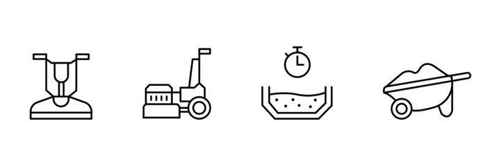 Concrete tools equipment and curing process icon vector illustration set with screed grinder wheelbarrow drying time machine outline in construction industry.