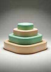 A colorful stacking ring toy pyramid with rounded shapes in pastel colors, isolated on white background